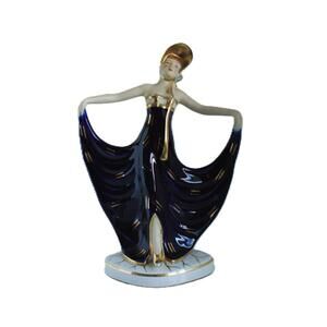 Art Deco Moriyama Dancing Lady Figure Bonnet Cobalt Blue Porcelain Hinode Japan